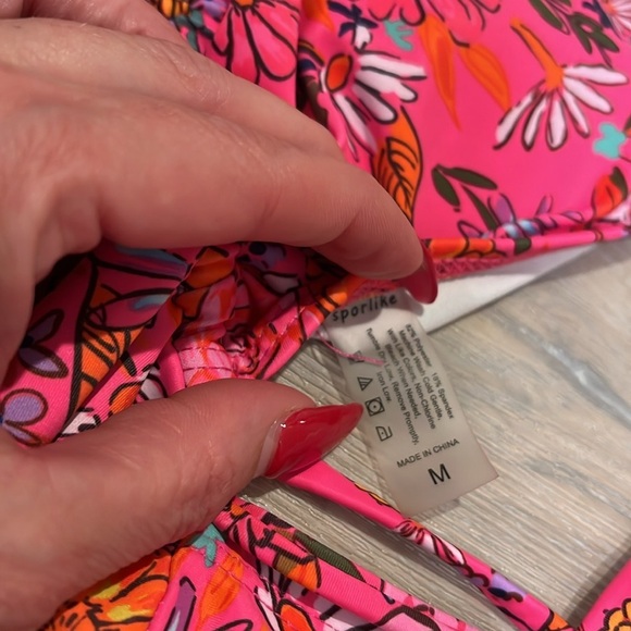 Sporlike High Waist Ruffle V Neck Bikini Swimsuit hot pink daisies floral Medium - Picture 4 of 8